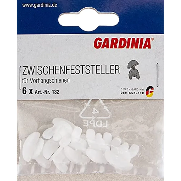 GARDINIA Zwischenfeststeller für Vorhangschienen GE und P2Ü, Kunststoff, Weiß, 6 Stück