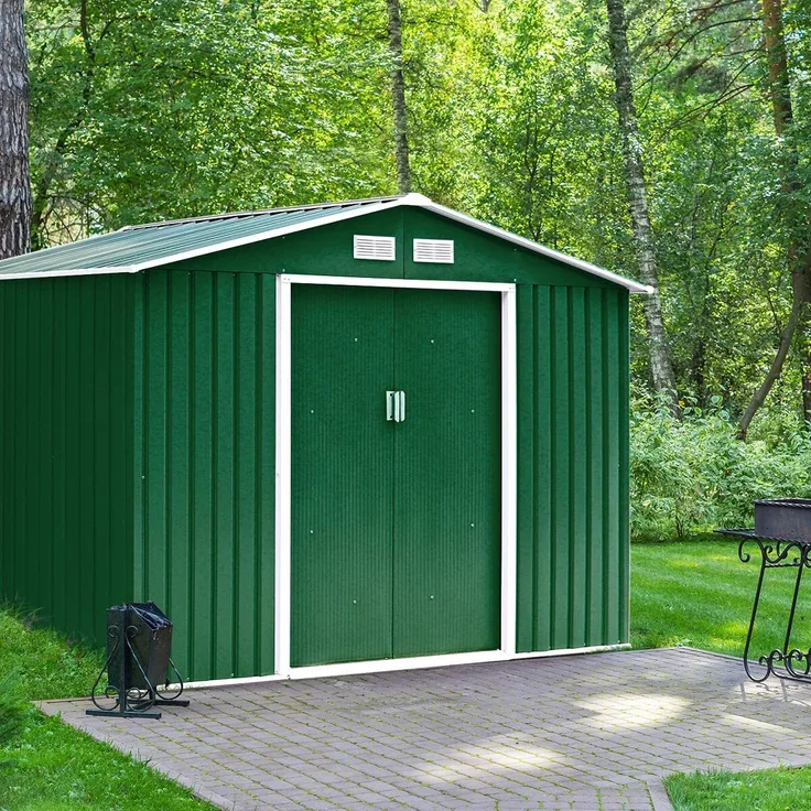 GOPLUS Gerätehaus 213x127x185cm, Geraetehaus Metall, Schuppen Gartenhaus Geraeteschuppen, Stahlfundament, Grün