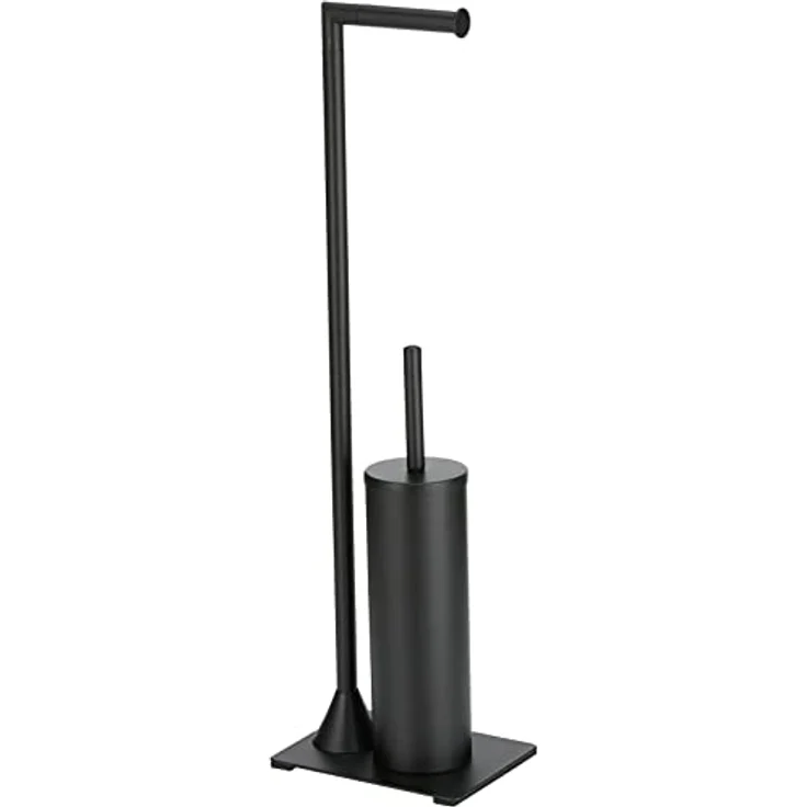 WENKO Stand WC-Garnitur Hella, Ständer für Toilettenpapier & Toilettenbürste, WC-Papierhalter, stehender Rollenhalter inkl. Bürste, Stahl, 15 x 69 x 20 cm, Schwarz matt – Bild 1