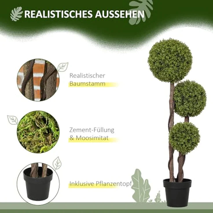 HOMCOM Kunstpflanze 115 cm Buchsbaum, täuschend echte Farben und Texturen, Grün – Bild 3