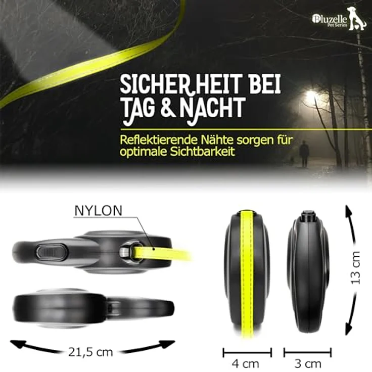 BLUZELLE 8m Lange Hundeleine für Hunde bis 50kg, Flexible Rollleine Neon-Gelb Leuchtender Reflektor-Gurt mit 360° Karabinerhaken Metall, Ergonomischer Griff Schwarz Gummiert & Einzugs-Bremse – Bild 3