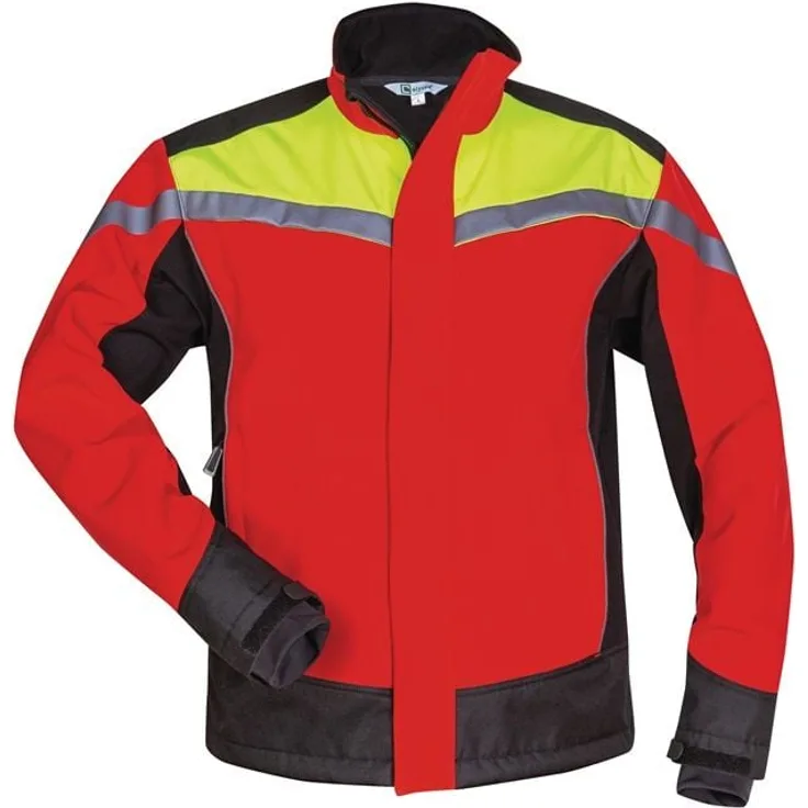 HELMUT FELDTMANN GmbH Waldarbeiter-Softshelljacke ESCHE, Gr.L, rot/gelb/schwarz, wind- und wasserdicht, atmungsaktiv mit Cordura® Verstärkungen