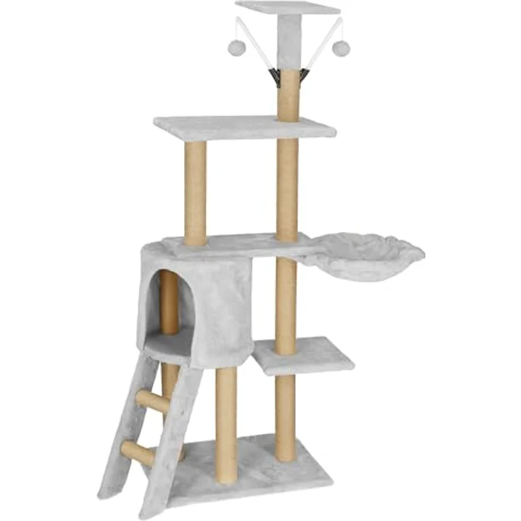 SPRINGOS Katzenkratzbaum Katzenhaus Liegemulde Spiel-Pompons Plattformen 136 cm, in Hellgrau – Bild 1