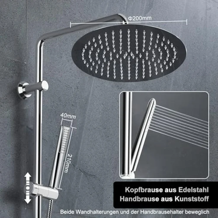 Görbach Edelstahl Duschset Regendusche mit verstellbarer Duschstange, Kopfbrause 20 cm, Duschablage Chrom und Massiv Messing Umschaltventil – Bild 2