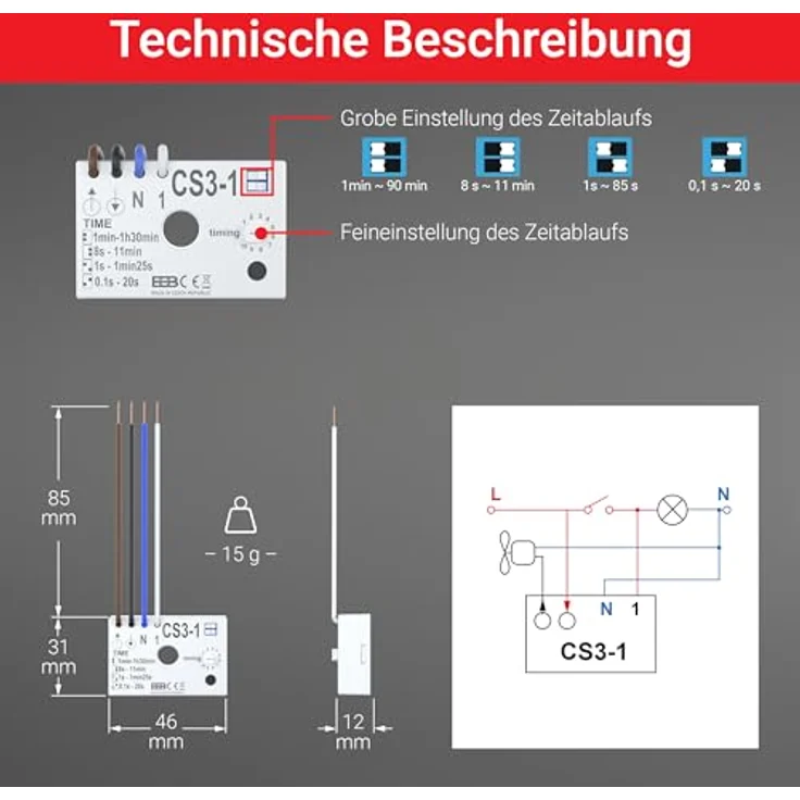 ELEKTROBOCK CS3-1 Nachlaufrelais 230 V, verzögerte Lüftersteuerung mit einstellbarem Zeitintervall von 1 Sekunde bis 90 Minuten, Unterputzmontage – Bild 5