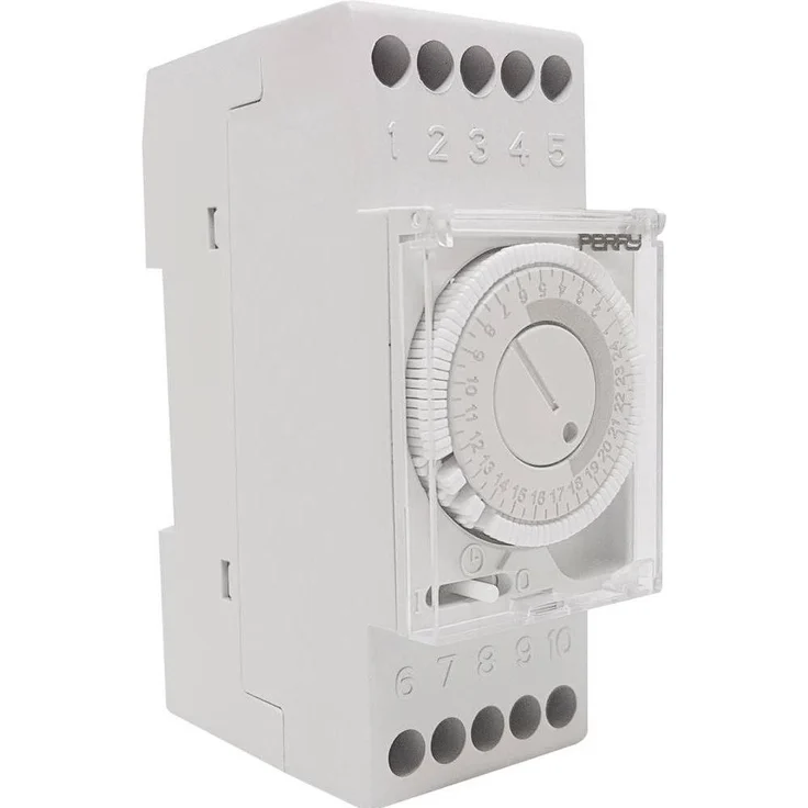 Perry Electric 1IO 0032, Mechanische Zeitschaltuhr mit Tagesprogramm, 150 Stunden Gangreserve und 15 Minuten Kürzeste Schaltzeit, für Hutschienen- und Wandmontage, IP20
