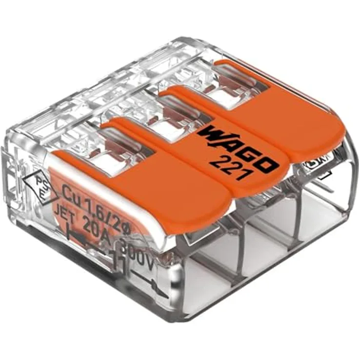 Wago Compact Hebelklemme 221-413, 3 Leiter für 0,14 mm² - 4 mm², 50 Stk., transparent, werkzeugloses Klemmen