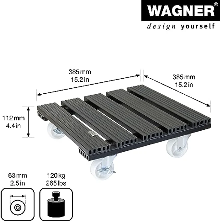 WAGNER Pflanzenroller WPC 38,5 x 38,5 cm I Pflanzenroller & Blumenroller für Außenbereich + Innenbereich, anthrazit I Kübelroller aus WPC (Wood Plastic Composite) I Tragkraft 100 kg ? 20054001 – Bild 3