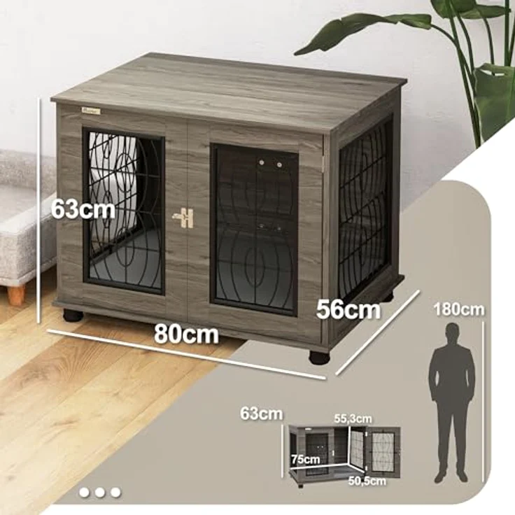 PawHut Hundekäfig, Hundehaus mit Kissen, Verschließbare Vordertür, Indoor Hundehütte mit Drahtgeflecht-Belüftung für mittelgroße Hunde bis 20 kg, Grau, 80 x 56 x 63 cm – Bild 5