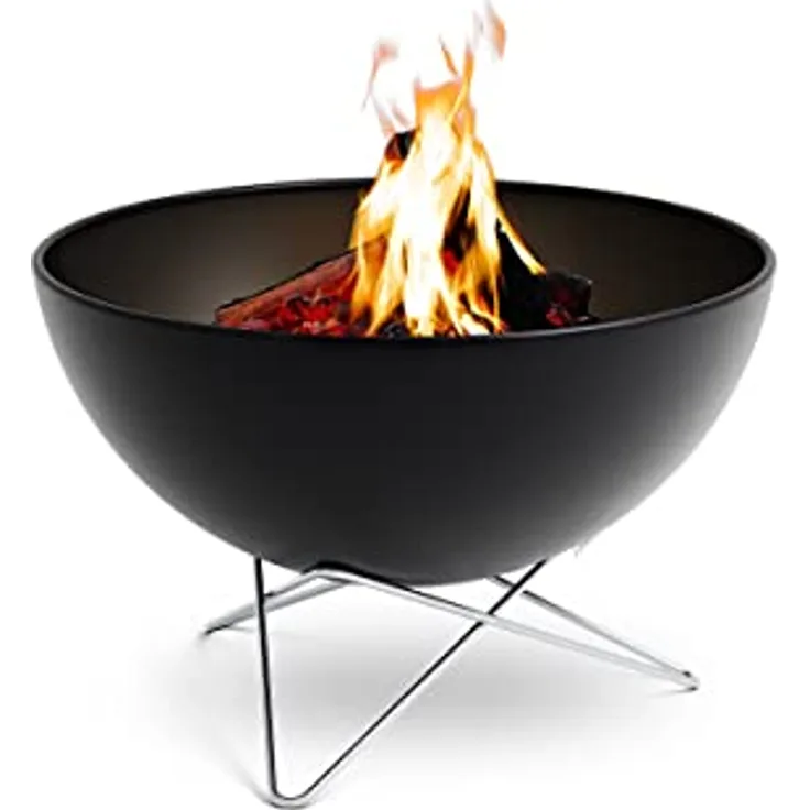 höfats Bowl 70 Feuerschale mit Edelstahl Sternfuß - raucharme Verbrennung - Feuerstelle mit Plancha Grillplatte und Grillrost nutzbar - kippbarer Feuerkorb Stahl emailliert, schwarz, Ø 70 cm