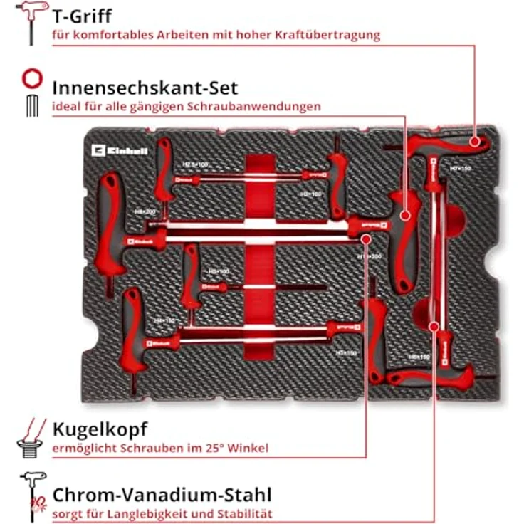 Einhell Pad T-Griff-Schraubendreher 9-tlg., für Maschinen- & Fahrzeugmontage, T-Griff, Kugelkopf, 90°-Klinge, Innensechskant aus Chrom-Vanadium-Stahl, E-Case-System – Bild 4