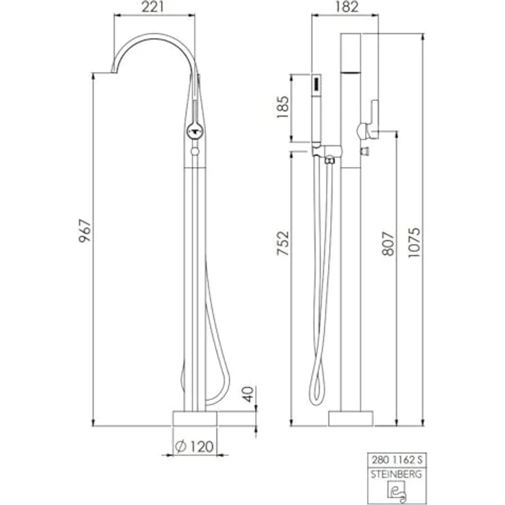 Steinberg Serie 280, freistehende Wannenarmatur, Einhebelmischer, Höhe 1036mm, schwenkbarer Auslauf, integrierter Luftsprudler – Bild 2