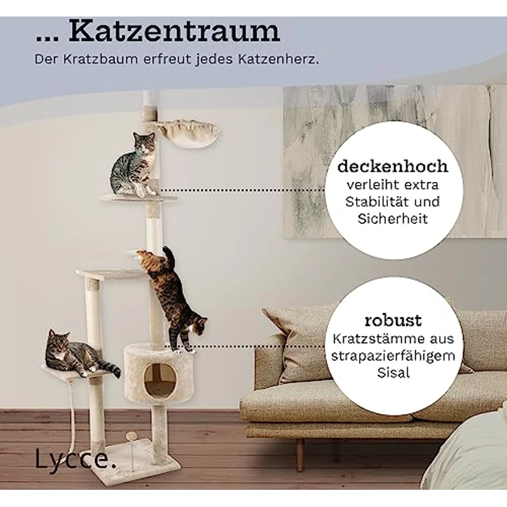 Lycce Katzenbaum Tower Kratzbaum deckenhoch Sisal Plüsch beige 230-260 cm – Bild 2