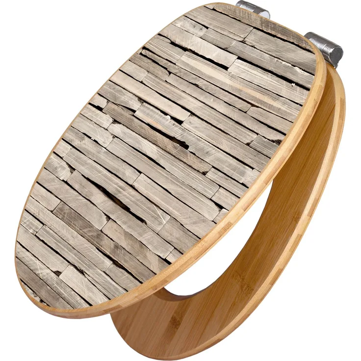 Banjado Bambus WC Sitz, Toilettendeckel mit Absenkautomatik, Motiv Steinplatten, 45,8x37,5cm, robustes Holz, universelle Scharniere