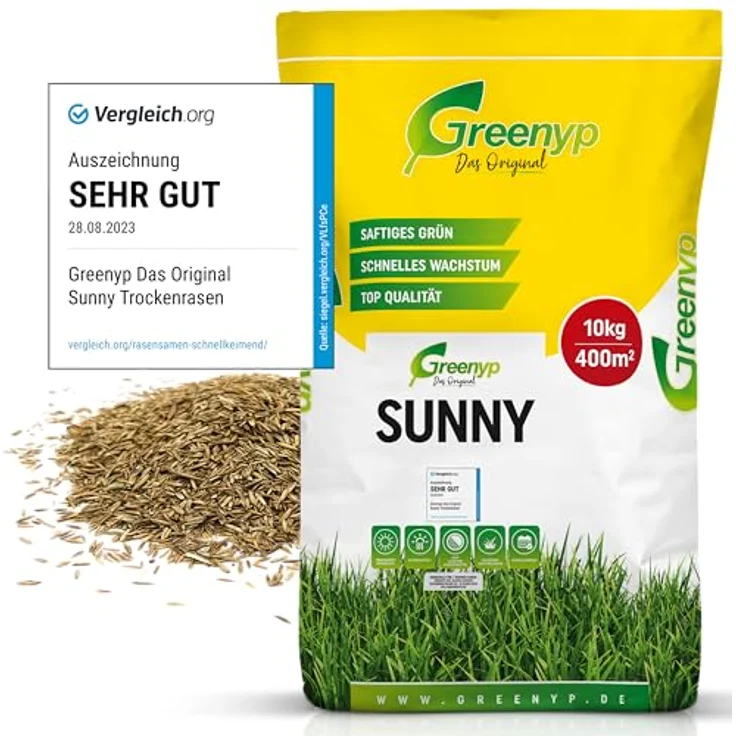 Greenyp Sunny Trockenrasen, dürreresistenter Rasensamen, schnellkeimend, 10kg für 400m² – Bild 1