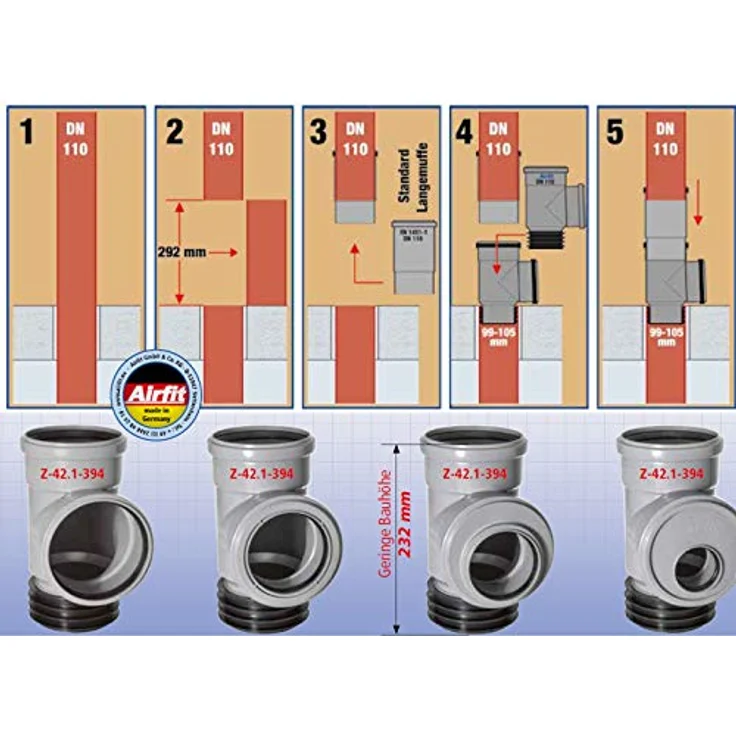 Airfit Steck-Abzweig DN 110x110 mit 87,5° Abgang, Graues HT-Innenentwässerungssystem für senkrechten Einbau – Bild 2