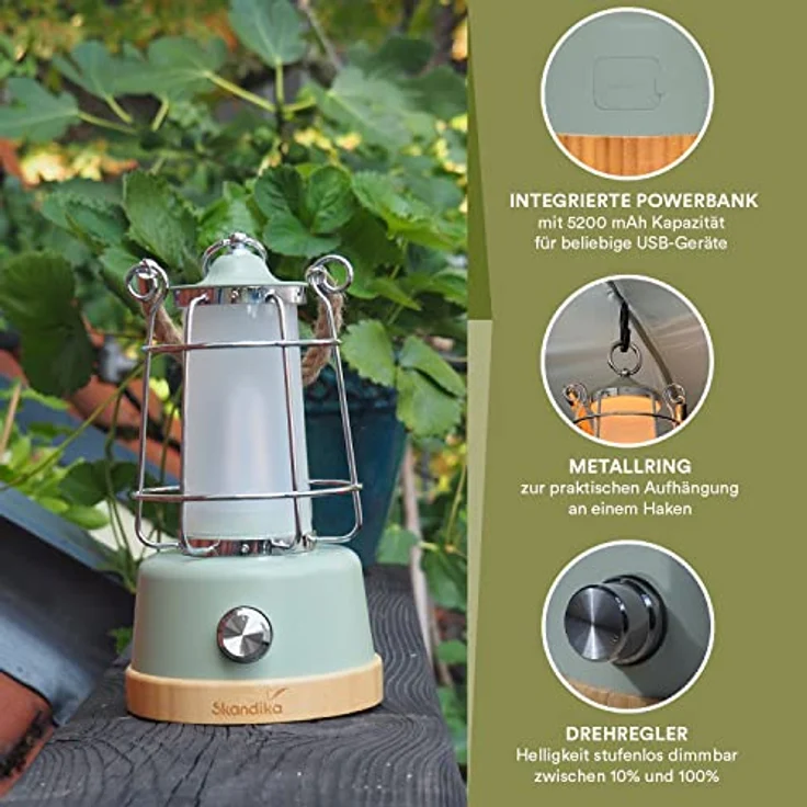 Skandika LED-Lampe Kiruna | Retro Outdoor Campinglampe mit Powerbank, stufenlos dimmbar, kabellos, Akku, aufladbar, USB, warm- und kaltweiß, 75h Leuchtzeit (Kiruna grün) – Bild 4