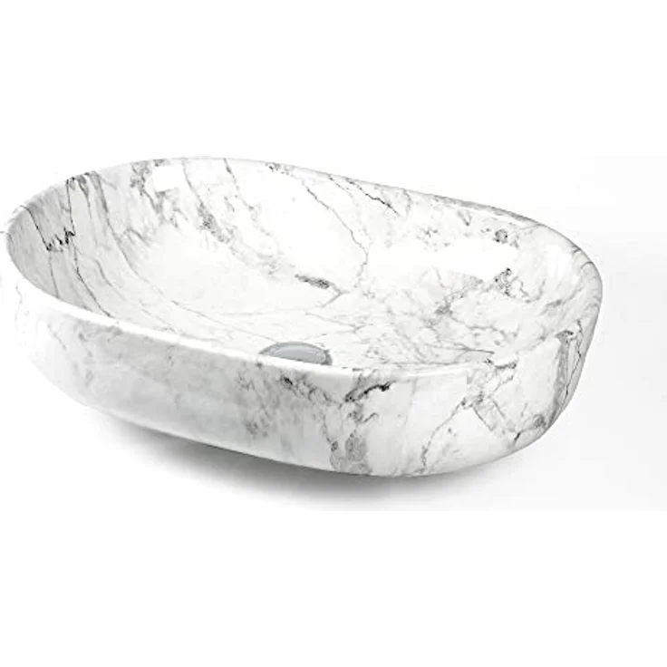 STABILO Sanitaer Waschbecken Keramik Marmoroptik Aufsatzwaschbecken Oval 59 x 41 cm Komplettset, weiß – Bild 3