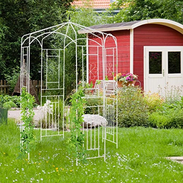 Relaxdays Rosenpavillon Metall, Rankhilfe für Kletterpflanzen, Garten, dekorativer Rankpavillon, HBT 250x160x160cm, weiß – Bild 3