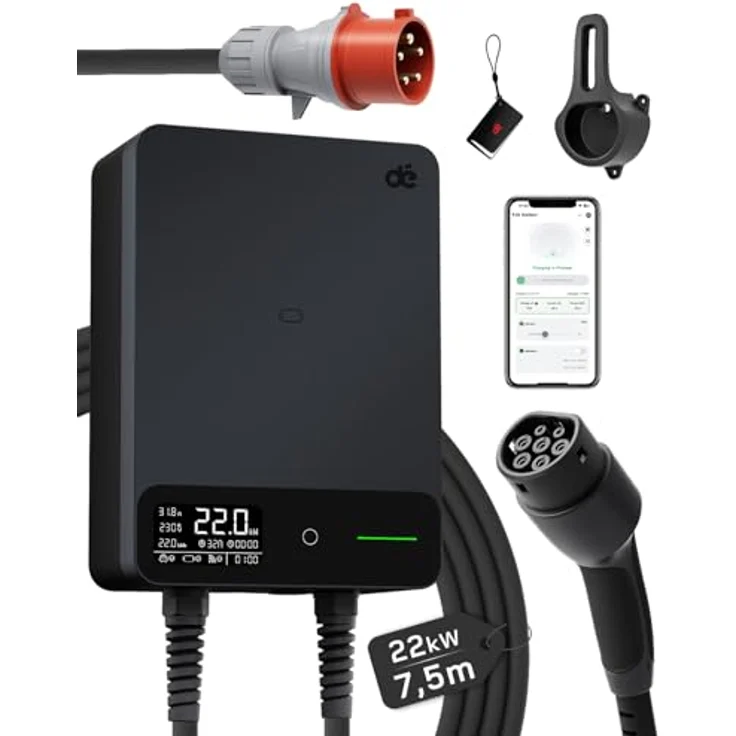 dé 22kW Wallbox mit 7.5 m Kabel, App & RFID Version, dreiphasiges Laden, LCD-Statusanzeige, IP54 – Bild 1