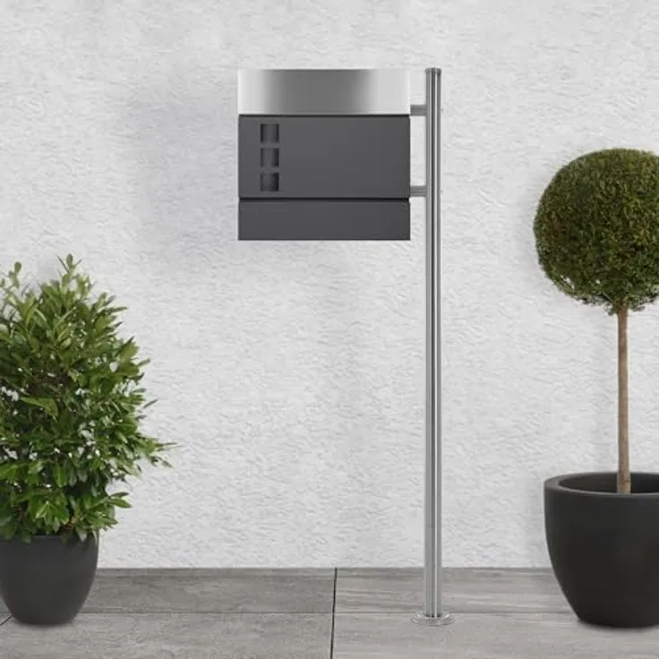 ML-DESIGN Standbriefkasten mit Zeitungsfach, Edelstahl Silber, 120cm Standfuß und Bodenanker, witterungsbeständig und rostfrei