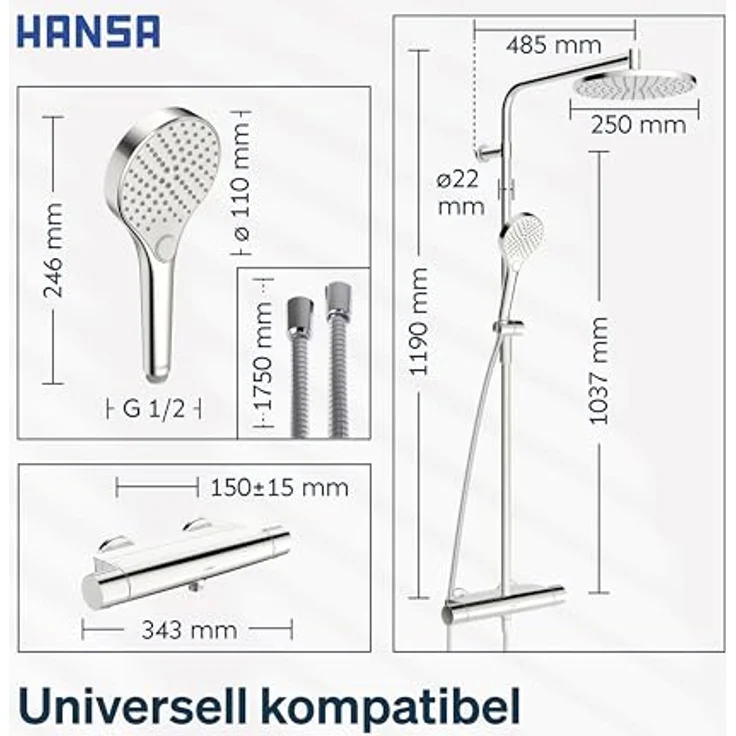 Hansa VIVA Regenbrause-Duscharmatur, Duschsystem mit Thermostat, Thermo Cool, MagShelf, Höhe 1190mm, 65159201 – Bild 8