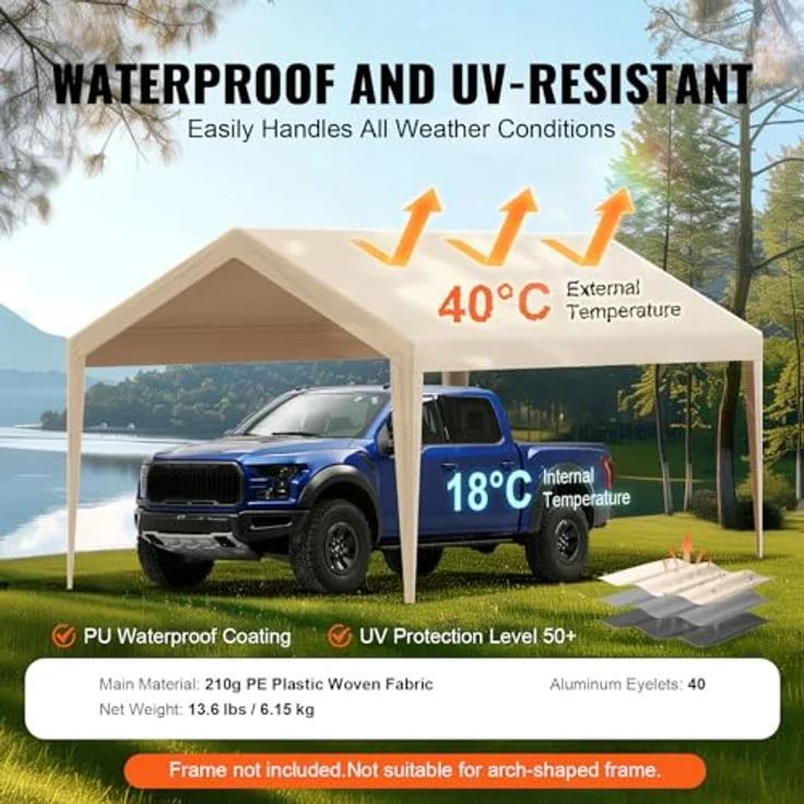 VEVOR Carport-Garagenzelt 3 x 6 m, wasserdichtes und UV-geschütztes Garagendachzelt in beige, einfache Installation mit Spanngurten (nur Dachabdeckung, Rahmen nicht im Lieferumfang enthalten) – Bild 3