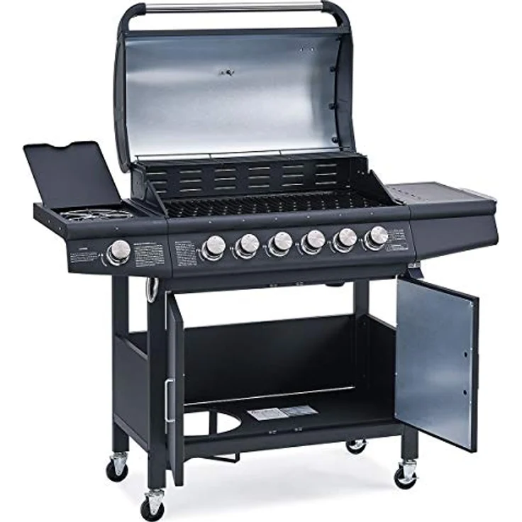 TAINO RED 6+1 Gasgrill mit Drehspieß 6-Brenner Grillwagen Piezo-Zündung - emaillierte Brennkammer, Aluminium-isolierter doppelwandiger Deckel - Rot – Bild 4