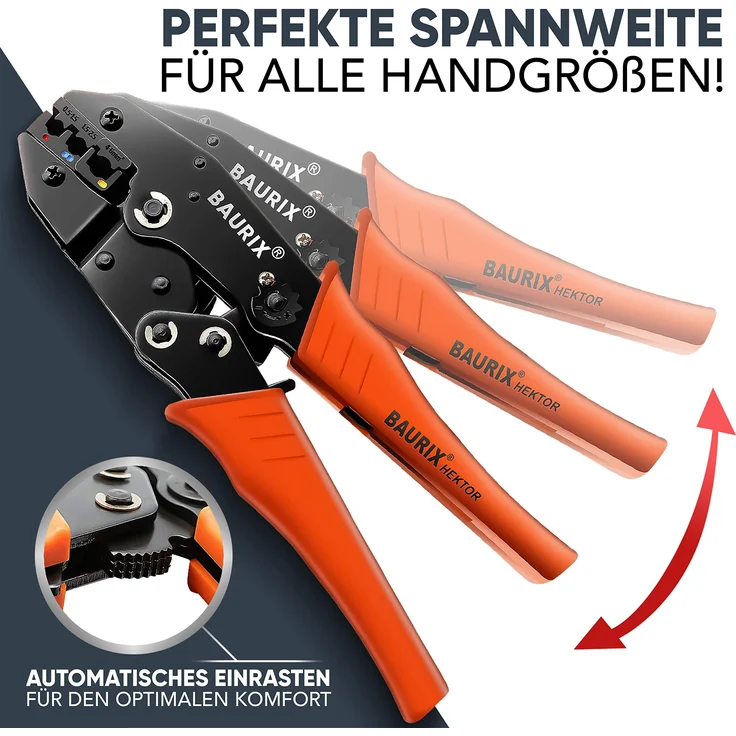 BAURIX Crimpzange HEKTOR inkl. 700 Stück Kabelschuhe Set, verpresst Kabelschuhe 0,50 - 6,00 mm², ergonomischer Griff, Sortimentsbox, Kupfer/PVC – Bild 1