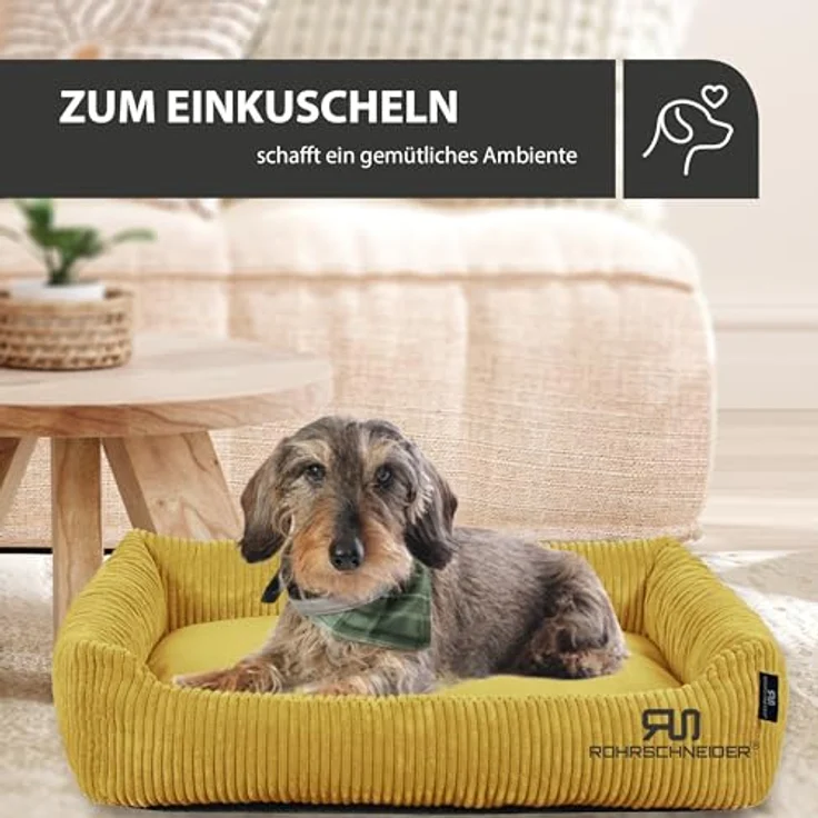 Rohrschneider Hundebett waschbar, für kleine und mittelgroße Hunde, mit Wendekissen aus Cordstoff, 2 Größen (ca. 55x42 cm / ca. 70x50 cm), inkl. Gassibeutel (Senf) – Bild 5