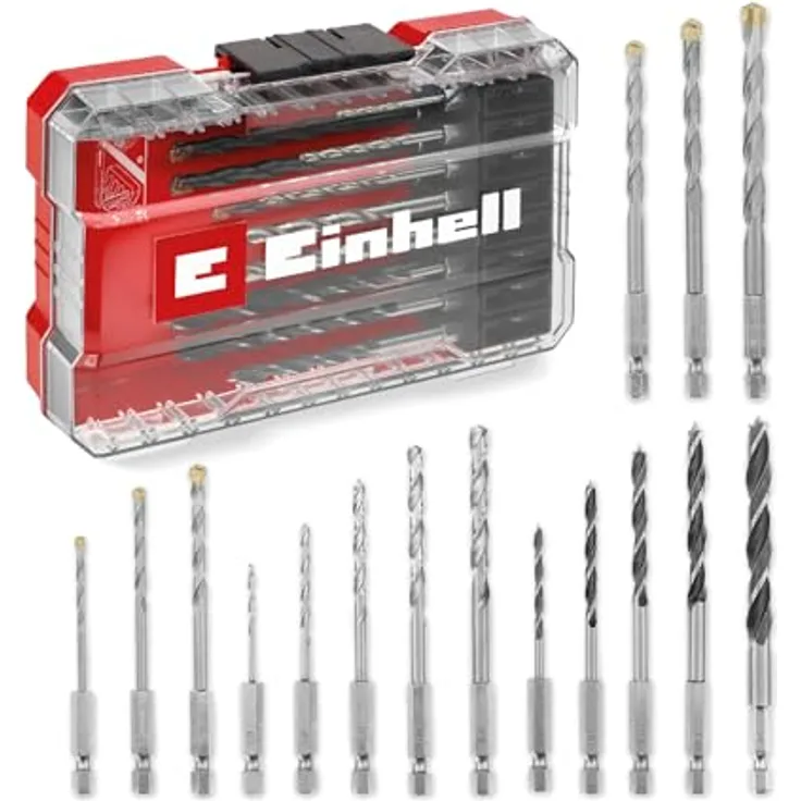 Einhell M-CASE 16-tlg. Bohrer-Set, Holzbohrer, Steinbohrer und Metallbohrer mit E 6.3 Schaft in praktischer Aufbewahrungsbox