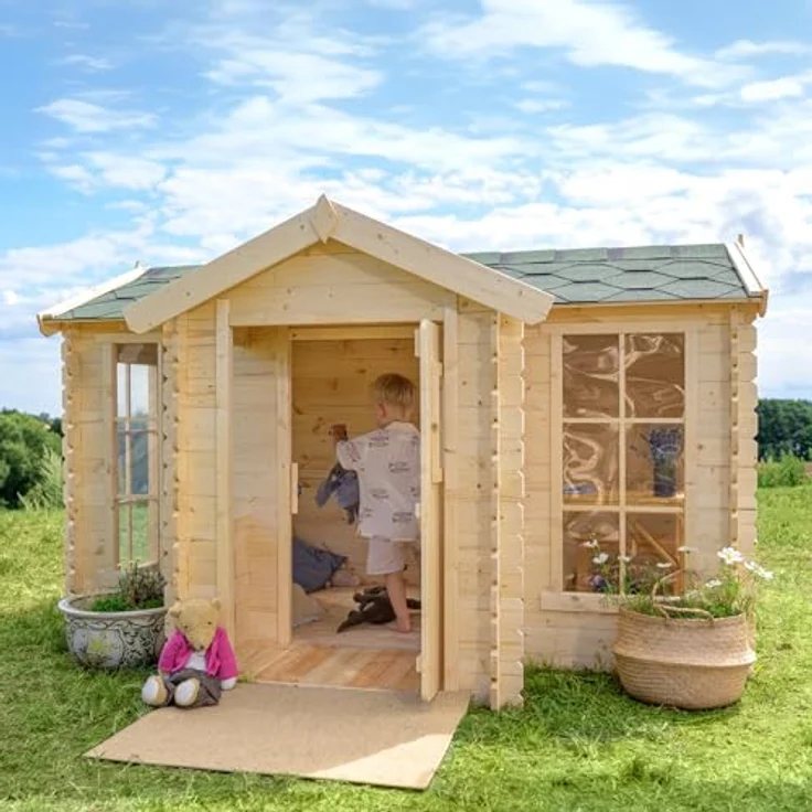 TIMBELA Kinderspielhaus aus Holz - Spielhaus im Freien für Kinder - 241x178x151 cm/2.63m2 Gartenspielhaus mit Veranda - Garten-Sommerhaus für Kinder M520, helle natürliche Holzfarbe – Bild 3