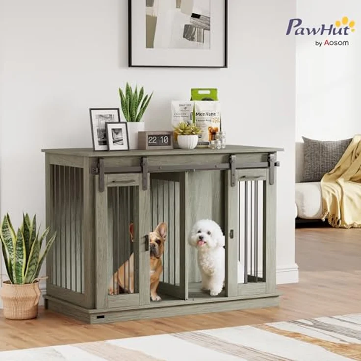 PawHut Hundekäfig Möbel, Zweiraum-Option mit 2 Türen, moderne Metall Hundebox für große Hunde bis 30 kg, 120 x 60 x 88,5 cm, grau – Bild 2