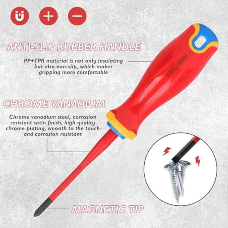 Mustbau 9 Pcs VDE Schraubendreher-Satz - Isolierte Schlitz- und Kreuzschlitzschraubendreher, Spannungsprüfer und mehr, VDE-zertifiziert – Bild 2