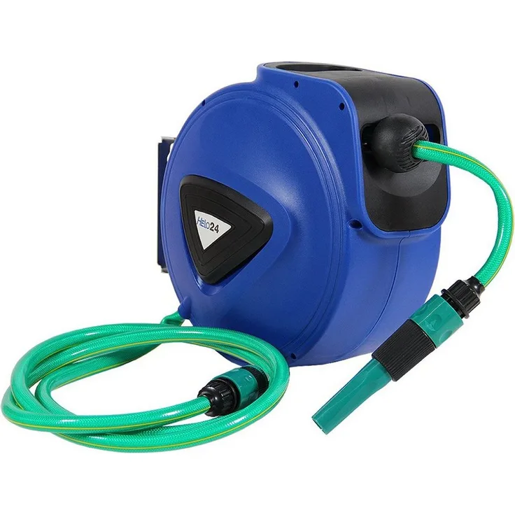 HELO24 Schlauchtrommel Wasserschlauchtrommel 15m, Automatische Einzugsautomatik, Wandhalterung, UV-beständiges Kunststoffgehäuse