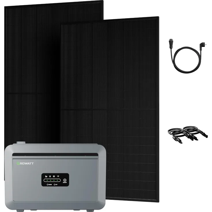 Growatt Powerness Balkonkraftwerk mit 2048Wh LiFePO4 Speicher, 2x JA Solar 450W Full Black Bifazial Solarmodule, wetterfest und intelligent steuerbar
