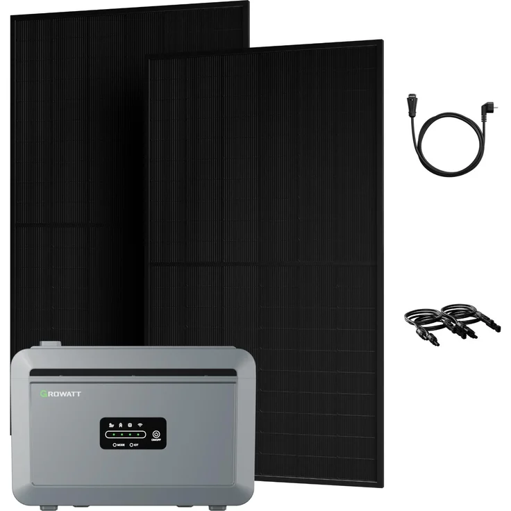 Growatt Powerness Balkonkraftwerk mit 2048Wh LiFePO4 Speicher, 2x JA Solar 450W Full Black Bifazial Solarmodule, wetterfest und intelligent steuerbar