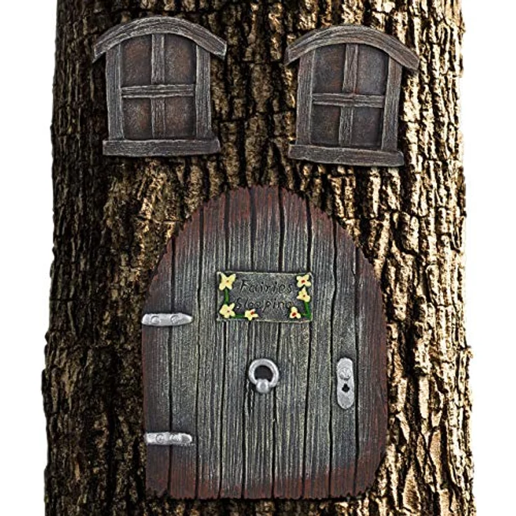 Relaxdays Feentür Garten, 3-teilig, Feenfenster, Baumstamm Deko, wetterfest, Baumdeko zum Aufhängen, Fairy Door, braun - Preisvergleich – Bild 1