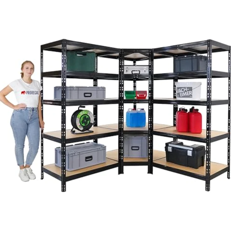 Proregal Eckregal Mega Deal + 2x Schwerlastregal Tiger, Schwarz, 5 Fachböden, Traglast pro Boden 175 kg, Steckmontage – Bild 3