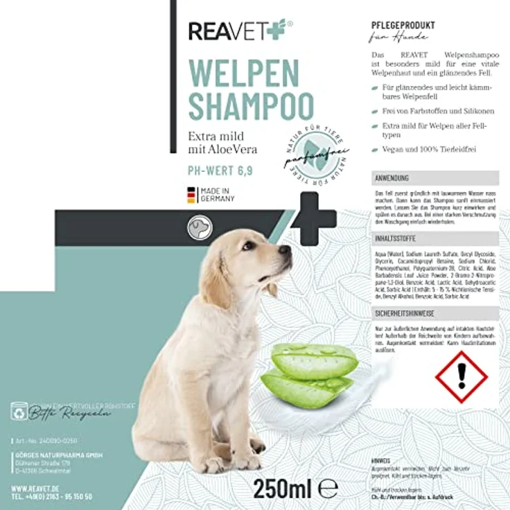 ReaVET Welpenshampoo Aloe Vera 250ml – extra mild für Hunde Welpen I Hundeshampoo, Shampoo für Hunde - glänzendes & leicht kämmbares Fell, Parfumfrei, Hundeshampoo Sensitiv – Bild 2