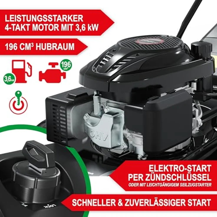 Onbest Benzin Rasenmäher 5IN1, 6,5 PS, 196 ccm, E-Start, 53 cm Schnittbreite, 60L Fangkorb, Radantrieb, Seitenauswurf – Bild 3