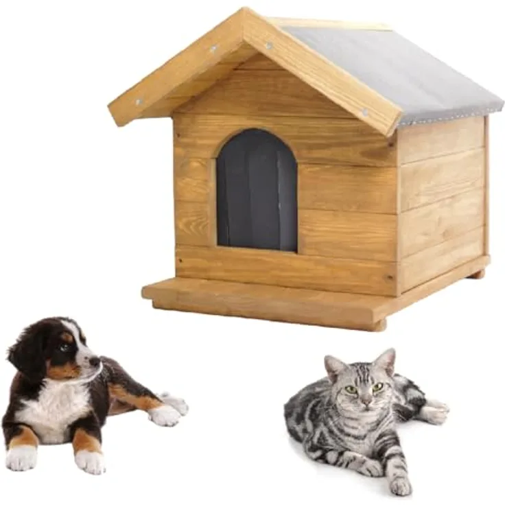 QLS Hundehütte Hundehaus Hundehöhle 50 x 45 x 53 cm Katzenhaus Isoliert Tierhütte Wetterfest Outdoor, Teakholzfarbe