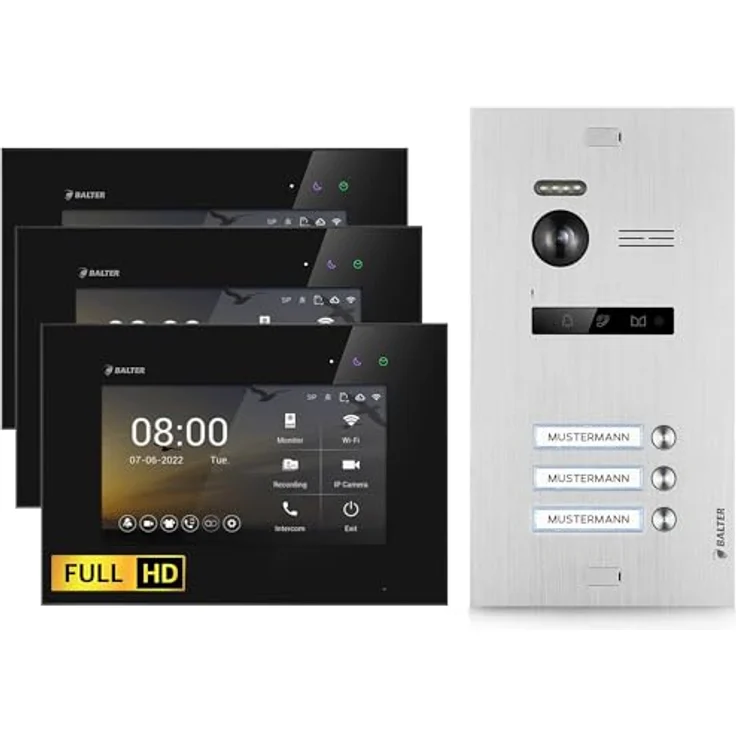 Balter EVO HD Video-Türsprechanlage, Komplettset für 3-Familienhaus mit 3x 7 Zoll Monitoren, Full HD Kamera und 175° Weitwinkel, schwarz – Bild 1