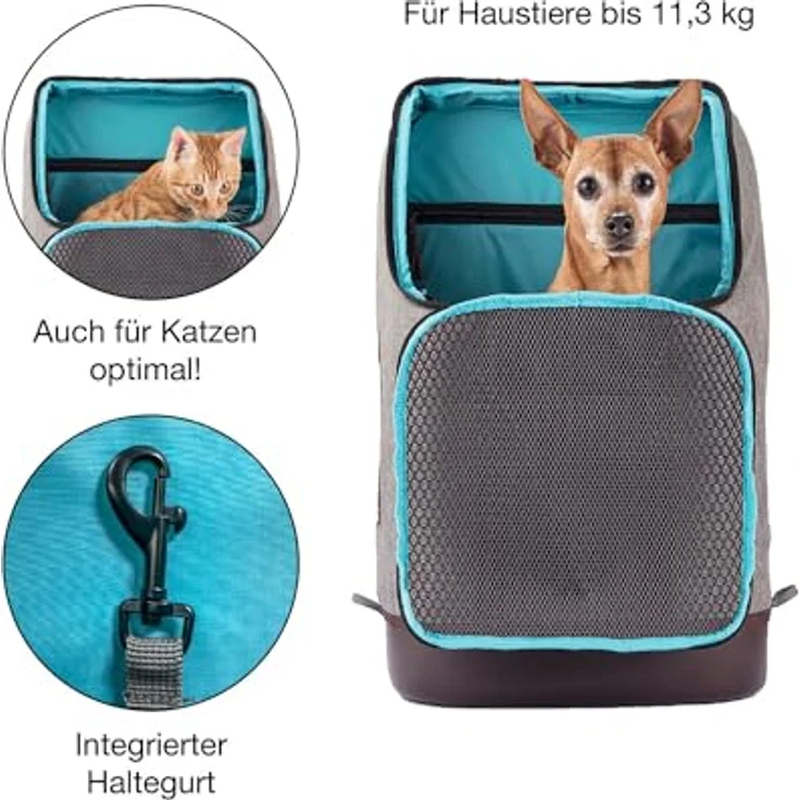 Kurgo Rucksack, Mit speziellem Hundefach, Atmungsaktives Netz und Wasserfester Boden, Für Haustiere bis 11 kg, Grau – Bild 4
