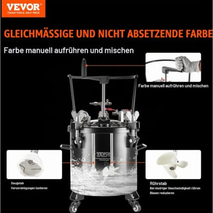VEVOR 20 L Druckbehälter für Sprühfarbe, 70 psi einstellbarer Druck, mobil mit Rollen und Dichtmittel zur Leckreparatur für Heimdekoration und industrielle Lackierung – Bild 2