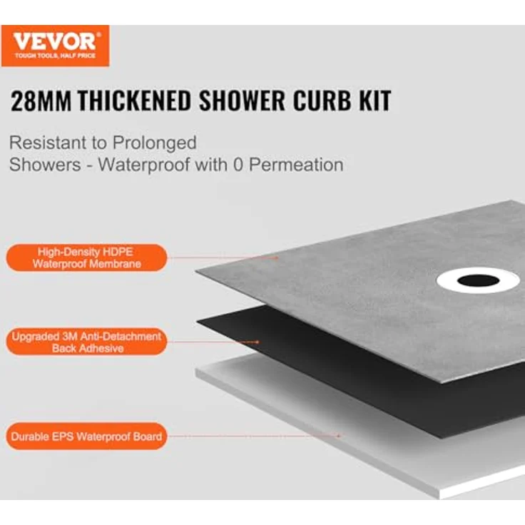 VEVOR Duschrand-Set, 1524 x 965 x 28 mm, wasserdichte Duschwanne mit 16,5 cm versetztem Abfluss und leichtem EPS-Material, inkl. 2 wasserdichten Tüchern – Bild 2