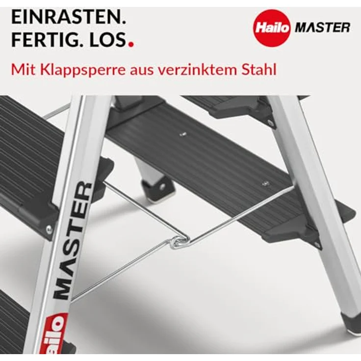Hailo Master D70 Aluminium Doppelstufen-Trittleiter, beidseitig begehbar, rutschhemmende Stufen, gummierte Füße, 2 x 3 Stufen, EN 14183 geprüft, belastbar bis 150 kg – Bild 4