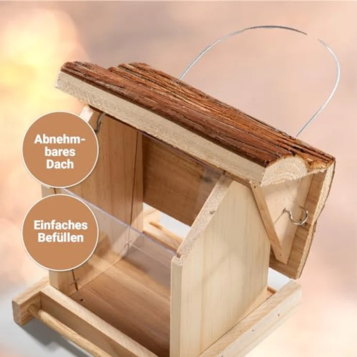 CULT at home Vogel Futterhaus Holz, hängend für Wildvögel mit abnehmbarem Dach und Kunststoffscheiben, 19 x 17 x 19 cm – Bild 5
