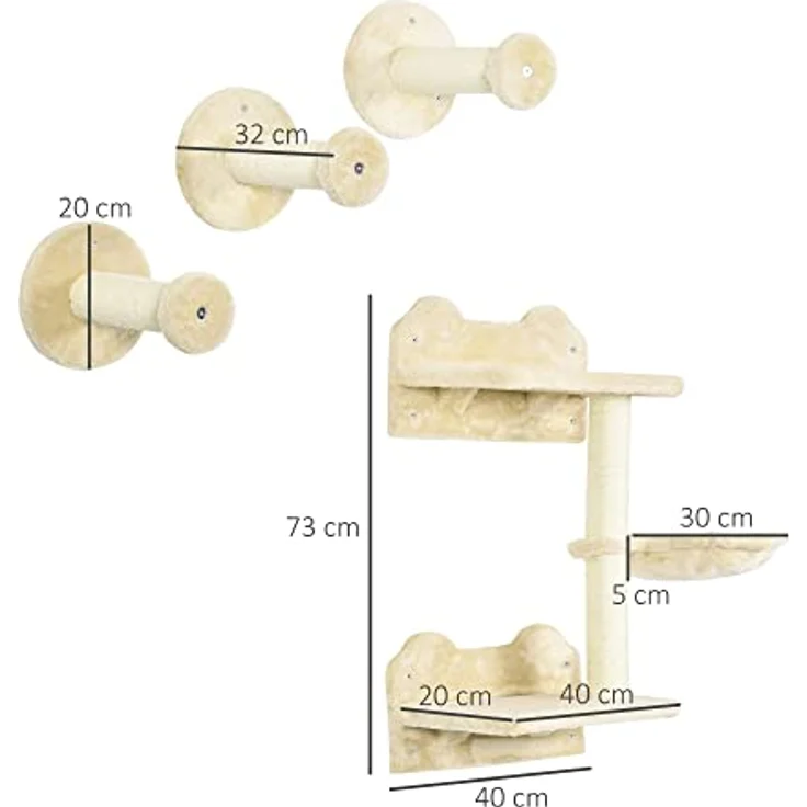 PawHut Katzen Kletterwand, 4-teilig, Katzenkletterwand, inkl. 1 x Sprungturm, 3 x Kratzbäume, Kletterwand Set, Kratzbaum mit Hängematte, Wandliege Katzen, Katzentreppe, Sisal, Beige+Cremeweiß – Bild 3