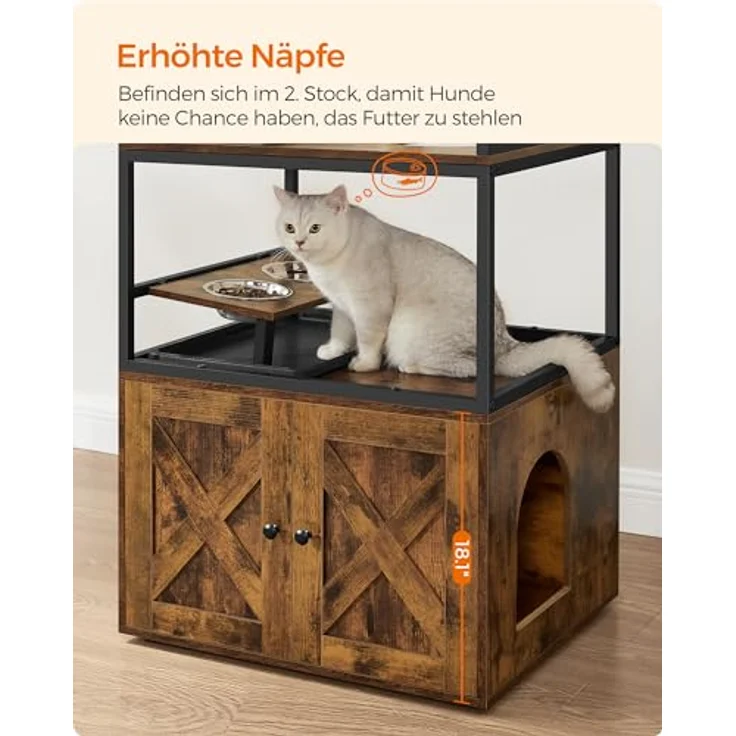 Feandrea Kratzbaum, Katzenbaum, Katzenhaus mit Katzenklo-Schrank, erhöhter Napfständer, Sisalstamm, waschbare Kissen, vintagebraun PCT312X01 – Bild 5